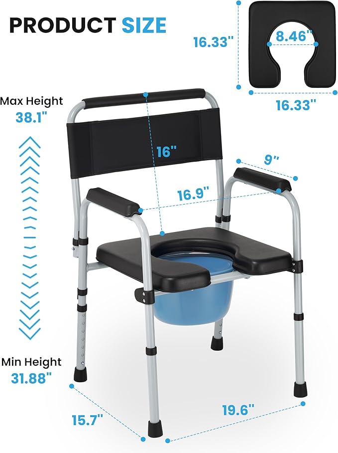 Bedside Commode, Foldable Adjustable Commode Toilet, 350 lb Capacity, Portable Bedside Toilet with Padded Seat & Backrest,bedside commodes for seniors and Mobility-Impaired Individuals