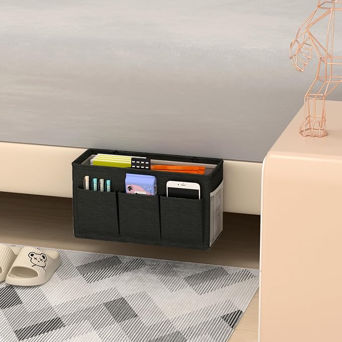 Bedside Caddy Storage Organizer for Bed Rails, Bed Caddy with 6 Pockets | Bedside Organizer with Fixed Straps and Hooks, Mattress Supported Versatile for Home, Dorm, Bunk, Hospital and Crib Bed