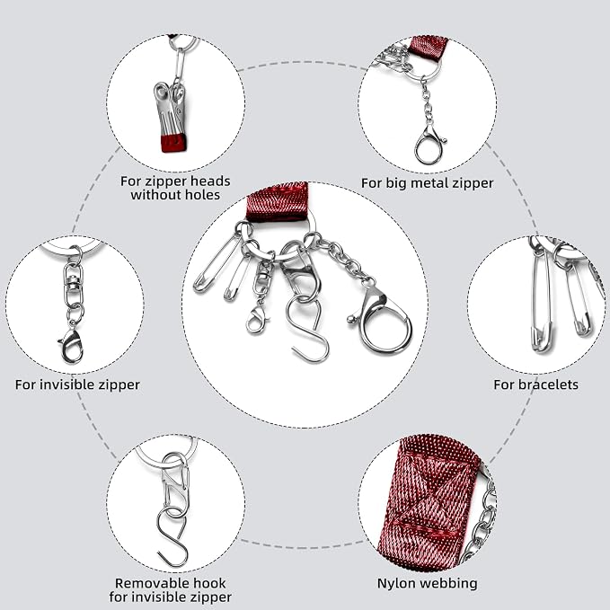 Lenporl Zipper Helper Pull for Dresses with 5 Hooks and Reinforced Design Zipper Helper with Detachable Clip Includes Bonus Metal Chain for Seniors and Pregnant Women (Claret)