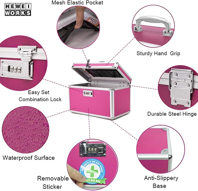 Lockable Medication Box with Portable Storage Case, 12.2''x 7.2''x 7.6'', Childproof Medicine Organizer with Combination Lock, Locking Box for Money, Documents & Meds (Pink/Medium)
