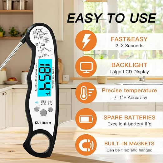 Instant Read Food Thermometer, White Waterproof Digital Meat Thermometer with 4.6" Folding Probe, Backlight & Calibration, 2-3s Fast Reading for Kitchen Baking Grilling Cooking - White