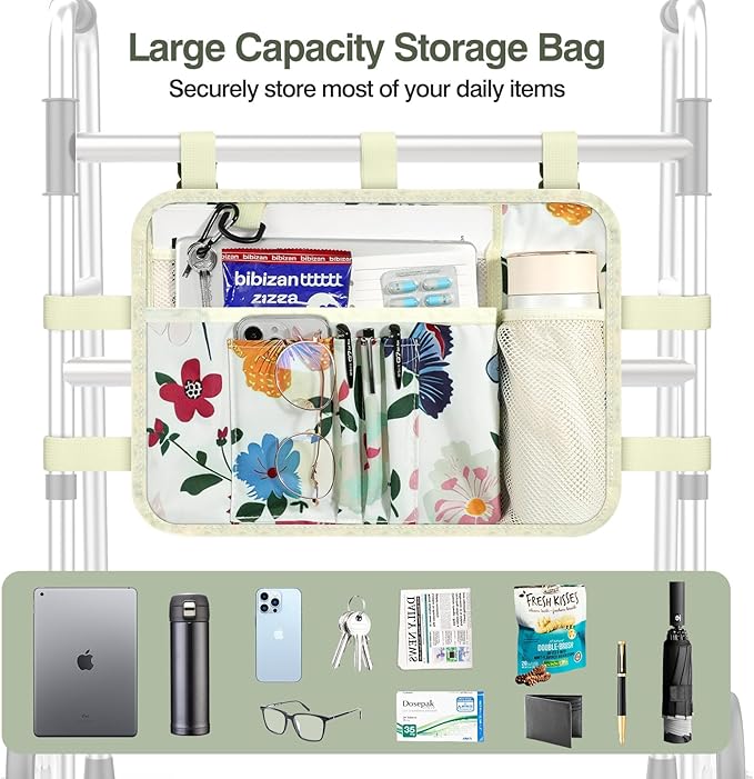 MoKo Walker Bag, Walker Basket with Water Cup Holder, Accessories for Seniors with Multiple Pockets and Zippered Compartment, Storage Pouch for Rolling Folding Walkerm, Beige & Butterfly