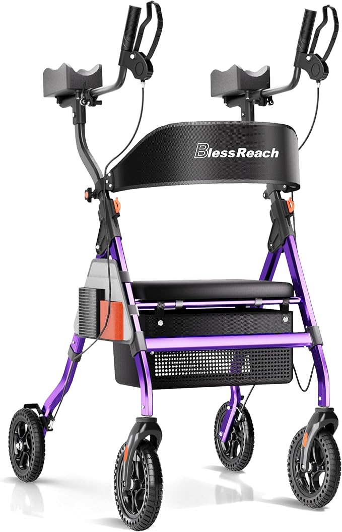 Heavy Duty Upright Rollator Walker for Seniors, 450lb Capacity, 6 Height Adjustments, 8" All-Terrain Wheels, Padded Seat & Backrest, Easy Assembly, Foldable Design (Purple)