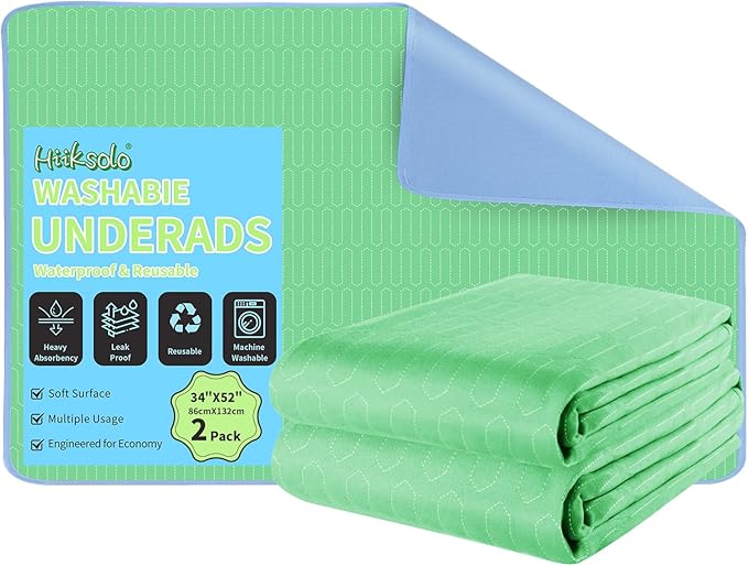 Washable Incontinence Underpads 34" x 52", 2 Pack Heavy Absorbency Reusable Bed Pads, Leakproof Mattress Protector Pee Pads for Adults, Kids & Dogs (Green)