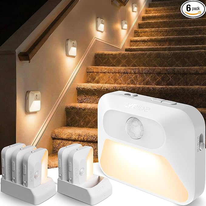 Smart Sync Linkable Night Lights with 3-in-1 Charging Dock, Rechargeable Motion Sensor Nightlight, Dimmable Step Lights for Stairs, Hallway, Bathroom, Bedroom, Nursery, Pets, 6 Pack