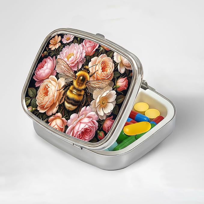 LRITER Pill Case, 2 Compartment Portable Small Travel Pill Organizer for Purse and Pocket, Stylish Medicine Case with Multiple Patterns, Daily Pillbox for Home & Travel (Bee)