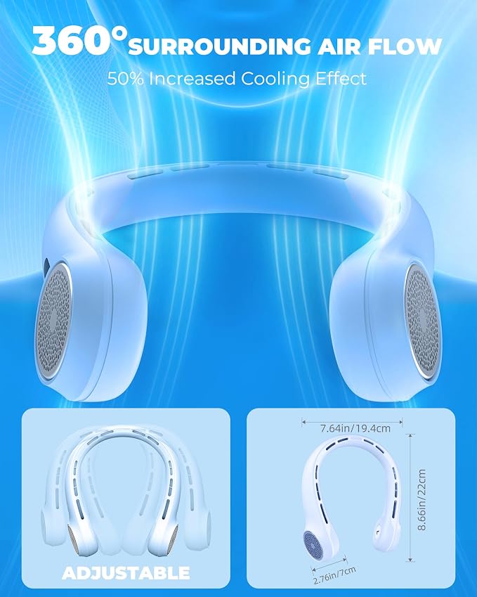Portable Neck Fan with 4000mAh Rechargeable Battery & LED Display, Personal Cooler for Women/Men, 3-Speed Bladeless 360° Cooling Fans, Stylish Gift for Gym/Travel/Office,Light blue