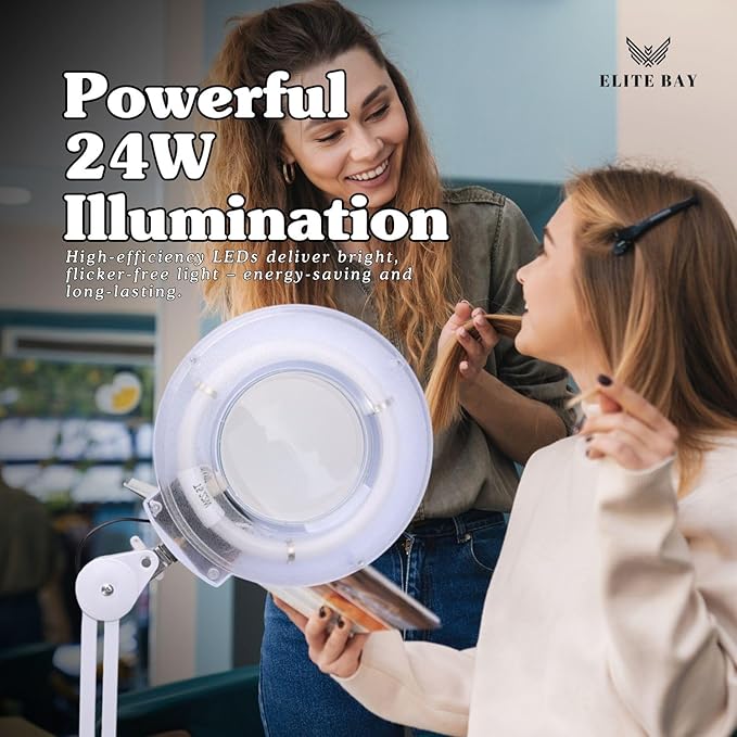 UV Magnifying Lamp with Glass Lens,120 LED Beads | 24W Professional Light | Adjustable Metal Arm | 6500K Daylight Color Temperature | Black/White |Perfect for Beauty, Crafting Repairs