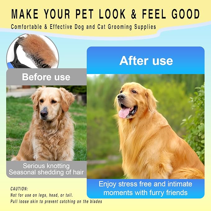 Pet Grooming Rake for Dogs & Cats - Double-Sided Deshedding and Dematting Tool, Gently Remove 95% of Loose Undercoat & Mats for Long-Haired Pets, Painless Fur Brush for Shedding Control (Blue)