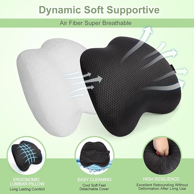 Lumbar Support Pillow Office Chair Car Back Pillow Ergonomic Lower Back Pain Relief Breathable Air Fiber Cushion with Hours Sitting on Worker Driver & Handicapped, Adjustable Strap (Dark Gray)