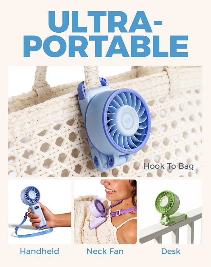 Diveblues Portable Turbo Fan, 100 Speed Handheld Fan with Strong Airflow, Foldable 4 in 1 Personal Fan for Neck, Desk & Travel, USB-C Rechargeable, Lightweight for Summer, Concerts & Outdoor Use