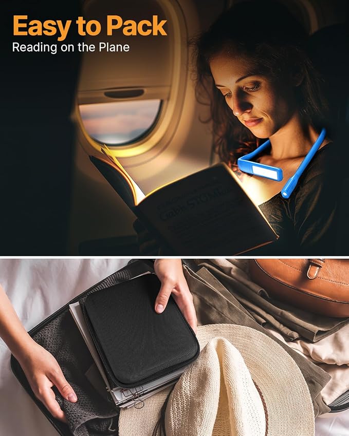 Neck Book Light with Storage Case, 3 Color Dimmable Reading Light | Eye Care, Foldable Head, Ergonomic, Comfortable, Memory Function, 80H Rechargeable Book Lamp, Back to School Supplies