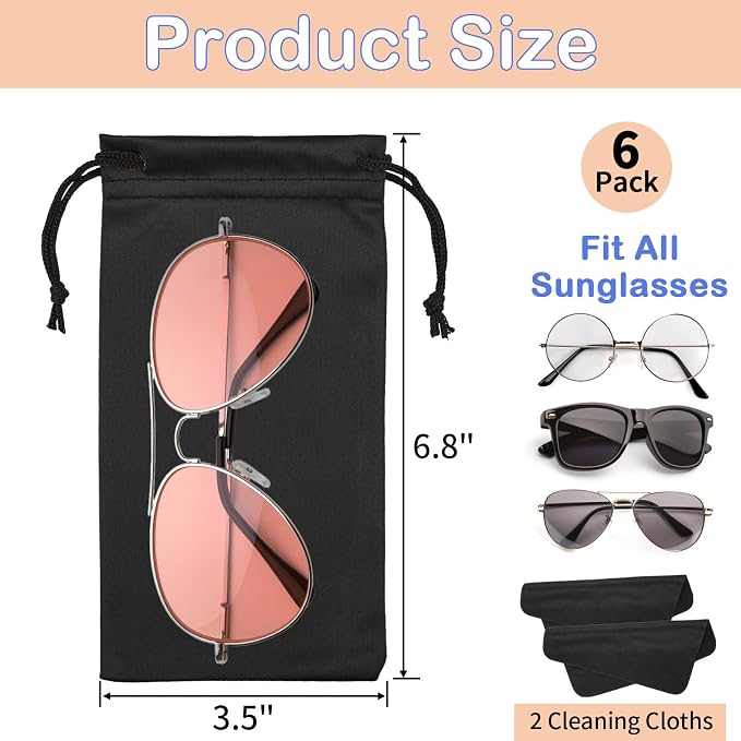 6 Pcs Premium Microfiber Sunglasses Pouch Bag, Glasses Case Soft Multicolor | With 2 Cleaning Cloths, Drawstring Storage Pouch for Phone, Eyeglass Holder, Eyewear