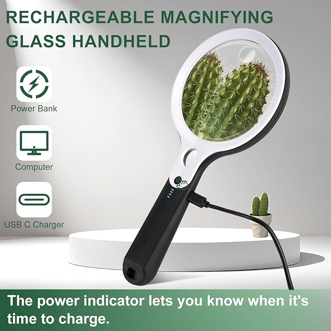 Magnifying Glass with 48 LED Light, 10X 20X 45X Handheld Illuminated Lighted Magnifier with 5 Light Modes Rechargeable Magnifying Glass for Seniors Reading Inspection (White & Black)