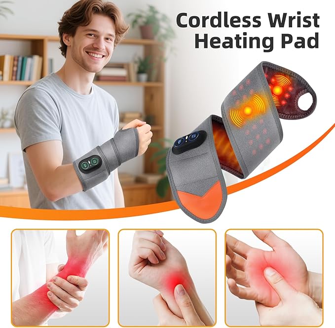 Cordless Wrist Heating Pad for Pain Relief, Wrist Massager for Carpal Tunnel, Heated Wrist Wrap Brace for Arthritis, Red Light Therapy Wrist Brace with 3000mAh Rechargeable, Gray