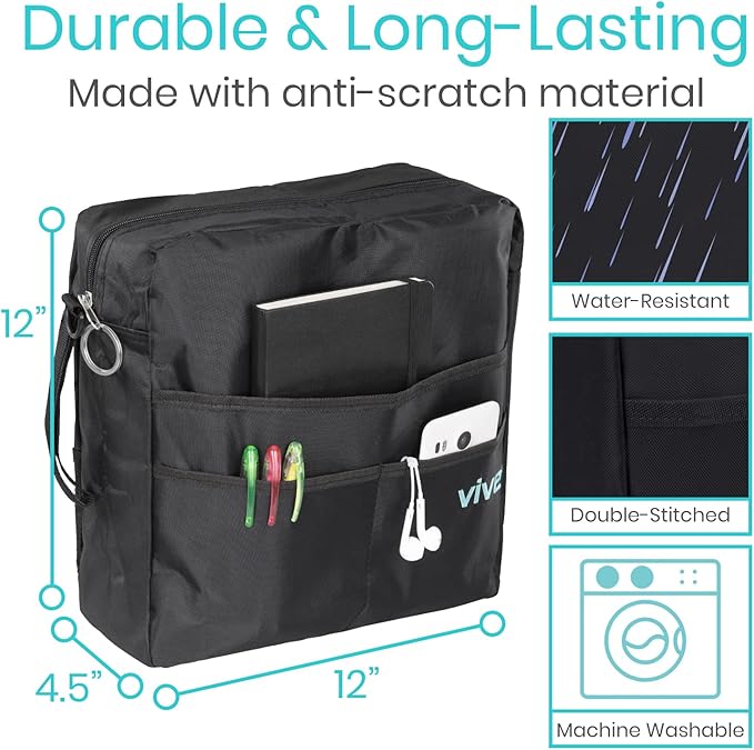 Vive Wheelchair Bag - Machine Washable, Double-Stitched, Water-Resistant Accessory Backpack for Rollators, Wheel Chairs, Walkers - Pouch with XL Pockets & Straps for Quick Installation