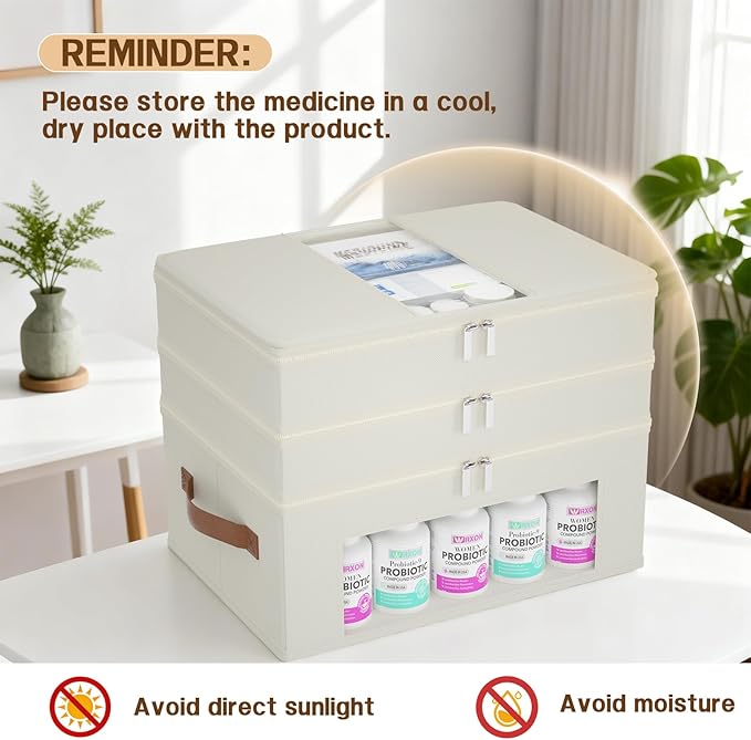 3-Tier Medicine Cabinet Organizer, Fabric Medicine Organizer for Cabinet with Leather Handle, Medicine Storage Box for First Aid, Organizers and Storage Home Must Haves (Beige)