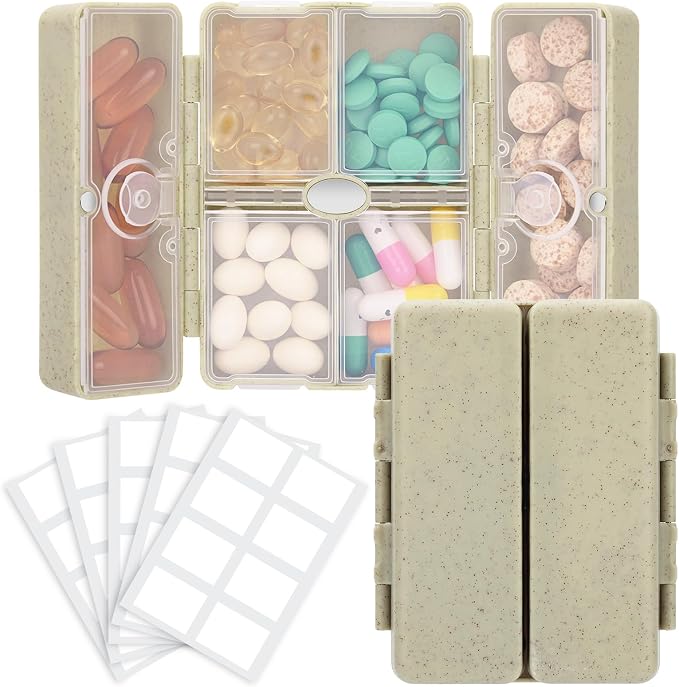 FYY Travel Pill Organizer with Blank Lables,6 Compartments Magnetic Pill Organizer Pill Box for Purse Pocket to Hold Vitamins,Cod Liver Oil,Supplements and Medication-Khaki