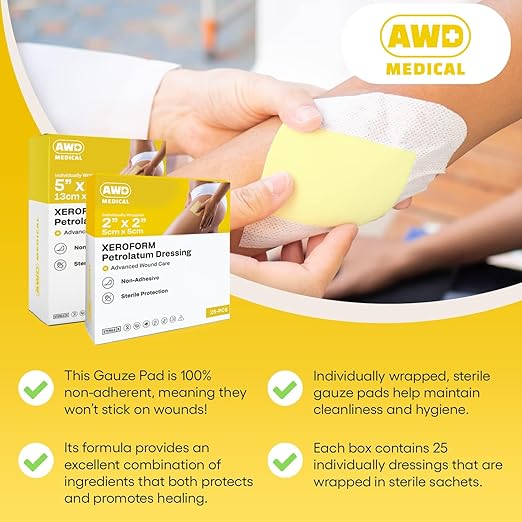 AWD Medical Xeroform Petrolatum Dressing - Non-Adhering Gauze Pad - Fine Mesh Gauze Patch Sterile - Healthcare Supplies for Wound Care, Burns, Lacerations, & Skin Grafts Aide (Box of 25) (2"x2")