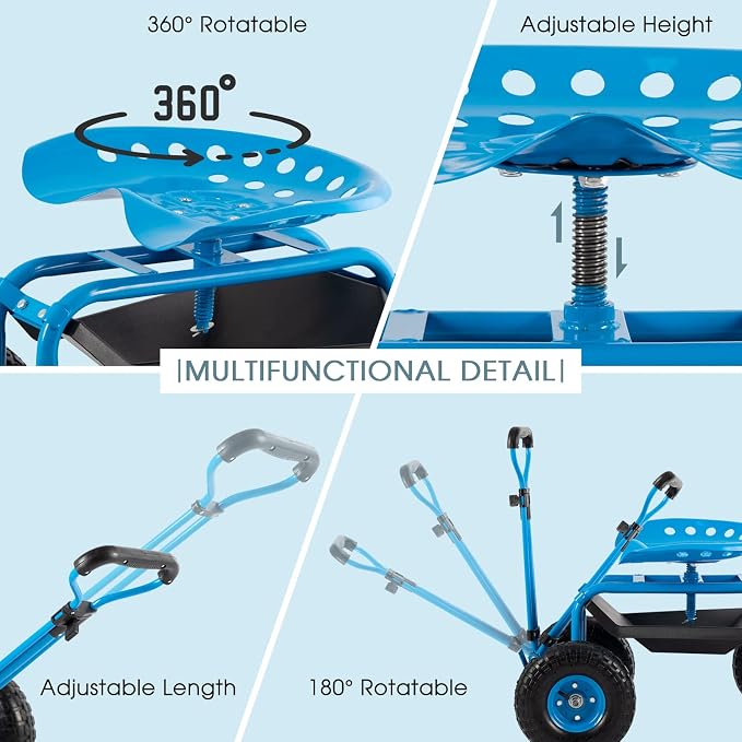 Rolling Garden Cart with Workseat - Heavy Duty Scooter with Handle and Storage Gardening Stool, 360 Degree Swivel Seat for Seniors Garden Cart on Wheel,Blue