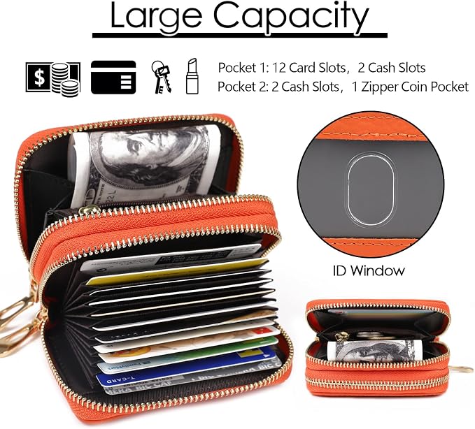 imeetu RFID Credit Card Holder, Small Card Wallet Women, Leather Card Case | Genuine Leather Women's Card & id Cases, Change Coin Purse with Zipper Keychain id Window, 20 Colors & 3 Styles, Daily, Gifts