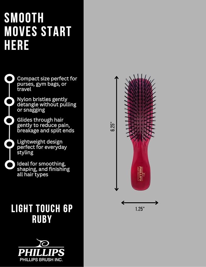 Phillips Brush Ruby Red Light Touch 6 Petite Detangling Hair Brush | Flexible Nylon Bristles Provide Gentle Detangling and Smoothing for All Hair Types in a 6.25 Inch Travel-Ready Hairbrush