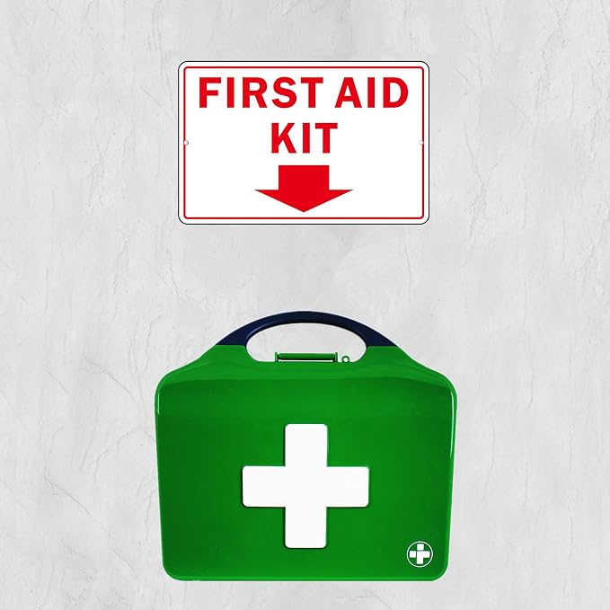 First Aid Sign, (2 Pack) Self Adhesive First Aid Kit Sign for Wall, Aluminum Metal Signs With 2 Pre-drilled Holes (9 x 6 inches, White/Red)