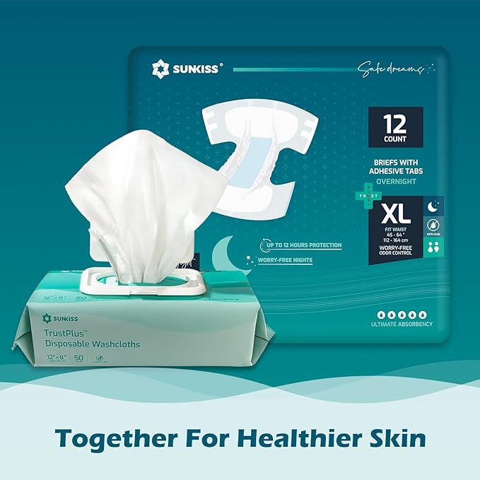 SUNKISS TrustPlus Overnight Adult Diapers with Tabs, Unisex Disposable Incontinence Briefs for Men and Women, Odor Control, XLarge, 48 Count (4 Packs of 12)