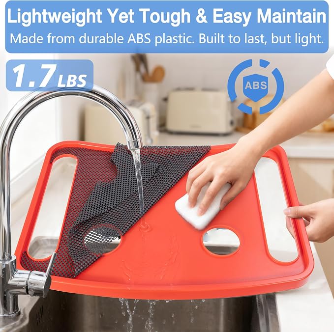 Walker Tray for Seniors with Dual Cup Holders & Side Pouch (Red) | Durable Food & Drink Table, Lightweight with Non-Slip Pad, Compatible with Walker of 10210-1 Model
