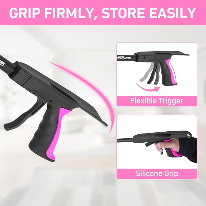 32 inch GrabRunner Folding Reacher Grabber Tool with Shoehorn,360° Rotating Head Grabber Tool with Strong Magnetic,Grabbers for Seniors (Pink)
