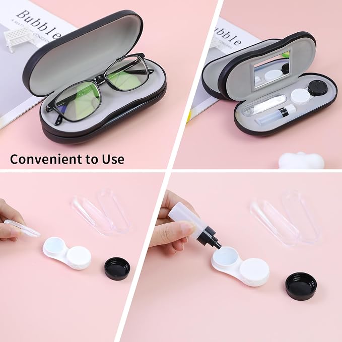2 in 1 Contact Lens Case and Eyeglasses Case for Women Men Kids, Double Sided Hard Shell Portable Glasses Travel Holder with Built-in Mirror, Contact Lens Box Storage Kit, Black