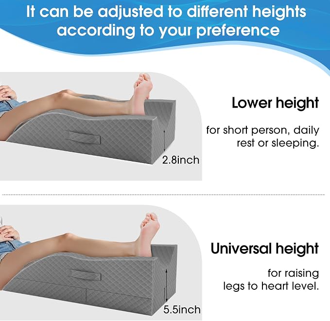 TranquilRelax Elevation Pillows for Leg After Surgery, Memory Foam Adjustable Wedge Pillow for Injury or Rest, Ankle Pillow for Sleeping Blood Circulation, Full Grey/Single Leg