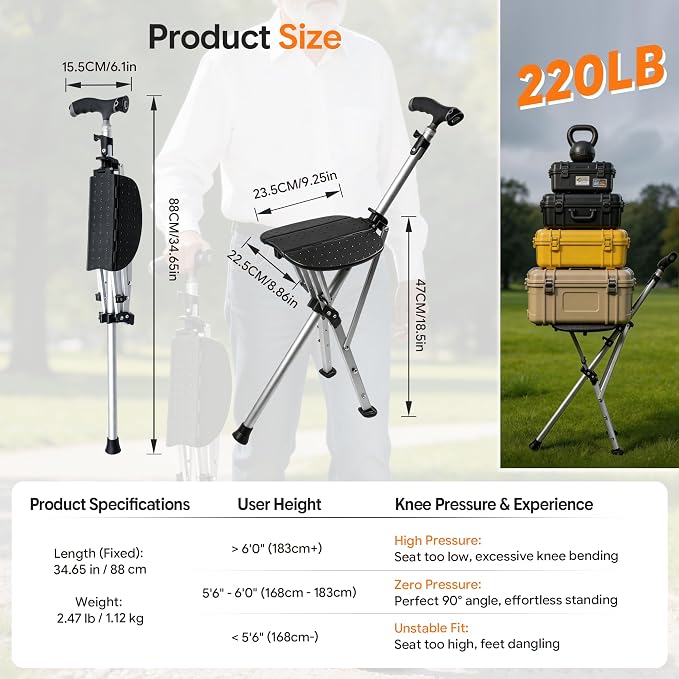 Cane with Seat Folding Lightweight, Walking Cane Stick with Seat for Seniors, Chair Cane with LED Light, Aluminum, Anti-Slip