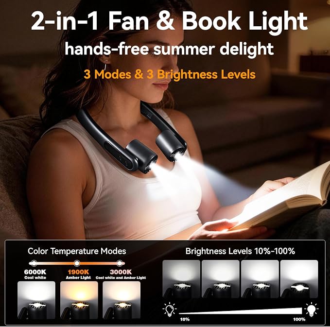 VAVOFO Portable Neck Fan with Book Light, Hands Free Wearable Cooling Fan | 6000mAh Rechargeable, 3 Speeds, 250° Adjustable, Ideal Gift for Reading, Travel, Office, Hiking, Fishing & Sports