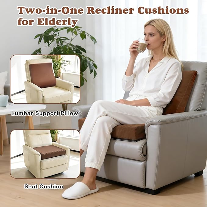 2-in-1 Recliner Cushions for Elderly Egg Crate Foam Seat Cushion and Ergonomic Back Support Pillow Non-Slip Recliner Cushions for Long Sitting Reduces Muscle Fatigue, Brown