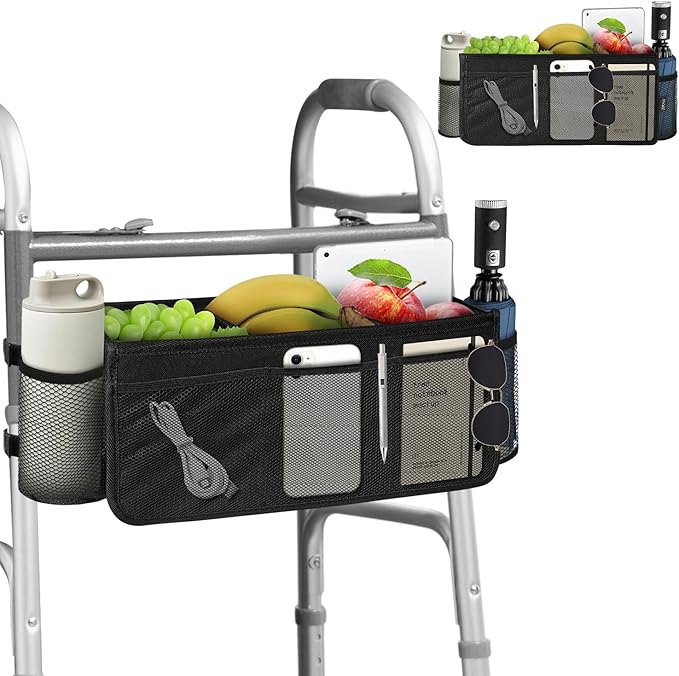 Walker Basket, Foldable Walker Bag with Cup Holder, Large Capacity, Seniors with Limited Mobility to Carry Water Bottles, Books - Black