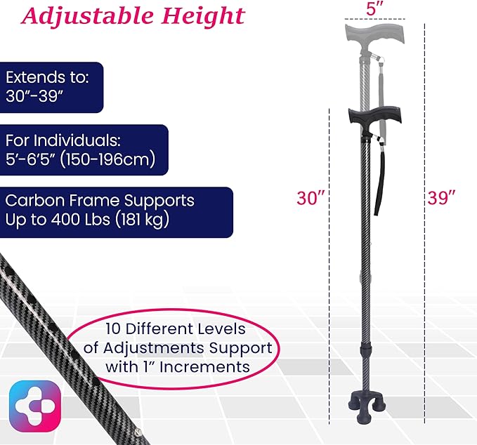 Dr. Aid Tripod and fourpod Walking Cane for Men & Women Premium Carbon Fiber Black Cane Adjustable Heavy-Duty 3 or 4-pronged Walking Stick for Seniors, Supports 400 lbs