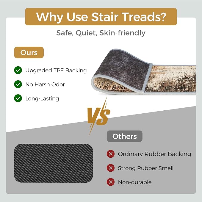 sarben 8"x30" Non Slip Stair Treads for Wooden Steps 15 Pack,Chestnut Smoke | Peel and Stick Carpet Stair Runner with TPE Adhesive Backing, Carpet for Added Safety, Pet and Senior Friendly