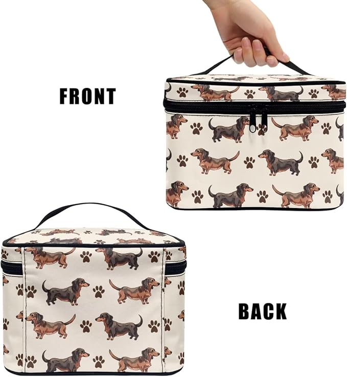 Dachshund Dog Pattern Toiletry Bag Travel Make Up Bag Women Cosmetic Bag, Kawaii Puppy Dogs Paws Roomy Cosmetic Pouch for Purse Zipper Makeup Bags Large