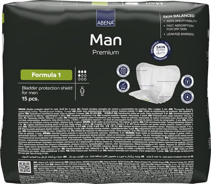 Abena Man Formula 1 Incontinence Pads for Men, 15 Count, Eco-Friendly, Breathable, Comfortable, Absorbs up to 15.2 fl oz