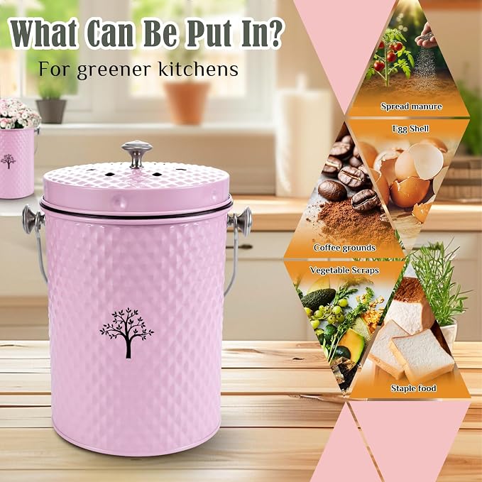 Countertop Compost Bin, Odor-Free Food Waste Container with 50 Bags | 1 Gallon Container,2 Carbon Filters,Compost Bucket, coffee grounds