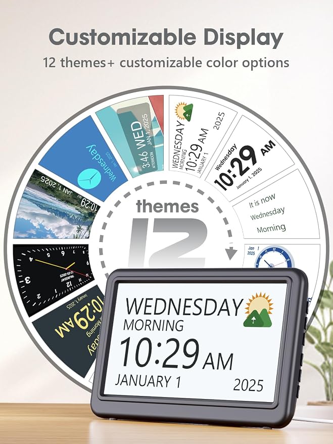 Dementia Clock for Seniors with Large Display & Daily Reminders | 12 Themes, 20 Custom Alarms, 18 Ringtones, Medication Reminders, Automatic Dimmer, Digital Calendar Display for Elderly Care