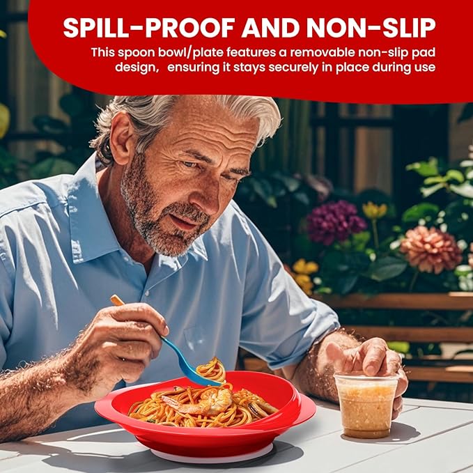 2Pack Spill Proof Scoop Plate with Non-Skid Suction Base, Adaptive Self-Feeding Dinnerware for Elderly and Disabled(Red)