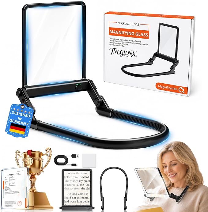 2026 Upgraded 12X Magnifying Glass with Light for Reading | 【Industry-Leading Ultra HD Lens】【Bright LED Full Page Magnifer】【Flex Silicone Neck Protection】Hands Free | Cross Stitch Craft