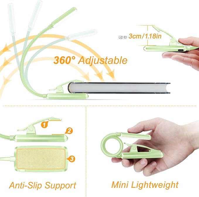 Gritin 9 LED Rechargeable Book Light for Reading in Bed | Eye Caring 3 Color Temps,Stepless Dimming Brightness,80 Hrs Runtime Small Lightweight Clip On Book Reading Light-Cyan
