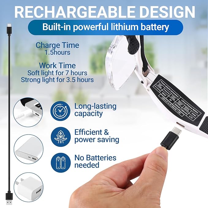 YOCTOSUN Magnifying Glass with Light, 0.75X-4.0X Magnifying Glasses, Head Magnifier Glasses with 3 LED Lights and 5 Lenses, Rechargeable Hands Free Headset Magnifier for Close Work Crafts Jewelry