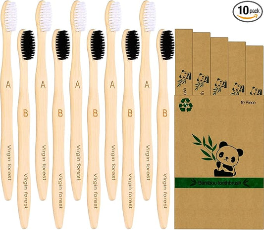 Virgin Forest Bamboo Toothbrushes, Eco Friendly BPA Free Soft Bristles Toothbrush, Biodegradable Natural Wooden Toothbrushes, Vegan Organic Bamboo Charcoal Tooth Brush for Sensitive Gums Set of 10