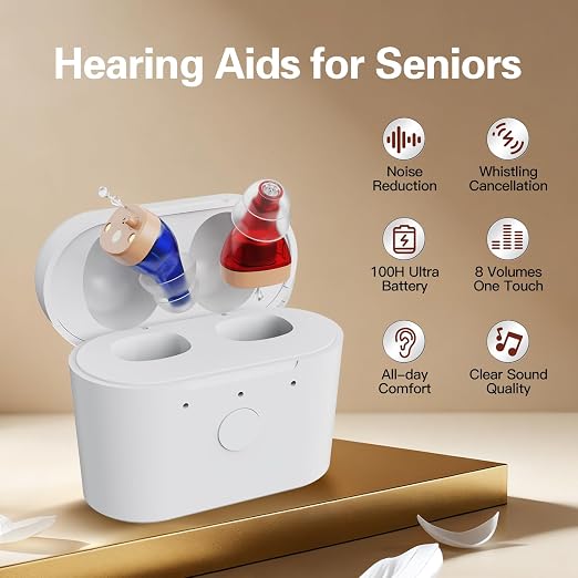 Hearing Aids for Seniors Rechargeable, Hearing Amplifier for Adults with Whistle Noise Cancellation, Virtually Invisible Compact Design, 16-Channel Clear Sound Quality (Red and Blue)