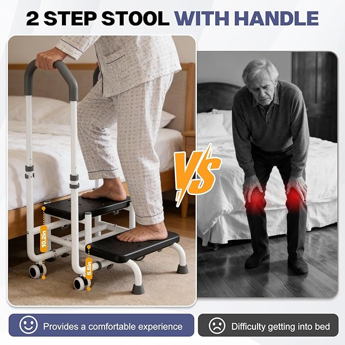 2 Step Stool with Handle for Elderly, 2 Lockable Wheel - Bed Steps for High Beds for Adults, 4.3 in Widened Spacing, 5 Level Adjustable Handrail, Foot Stool, for Bedside, Kitchen, RV, Bathtub