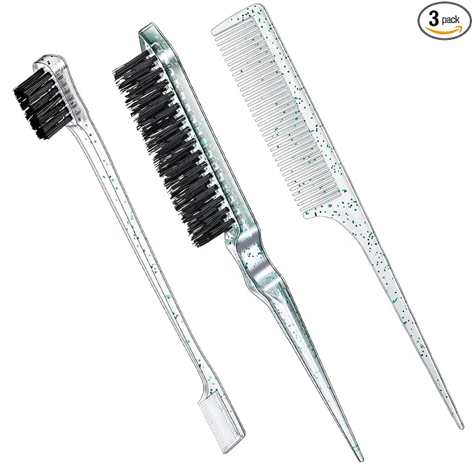 Geiserailie 3 Pcs Slick Back Hair Brush Set Bristle Brush Edge Control Teasing Comb for Women Black Hair(Clear Green)